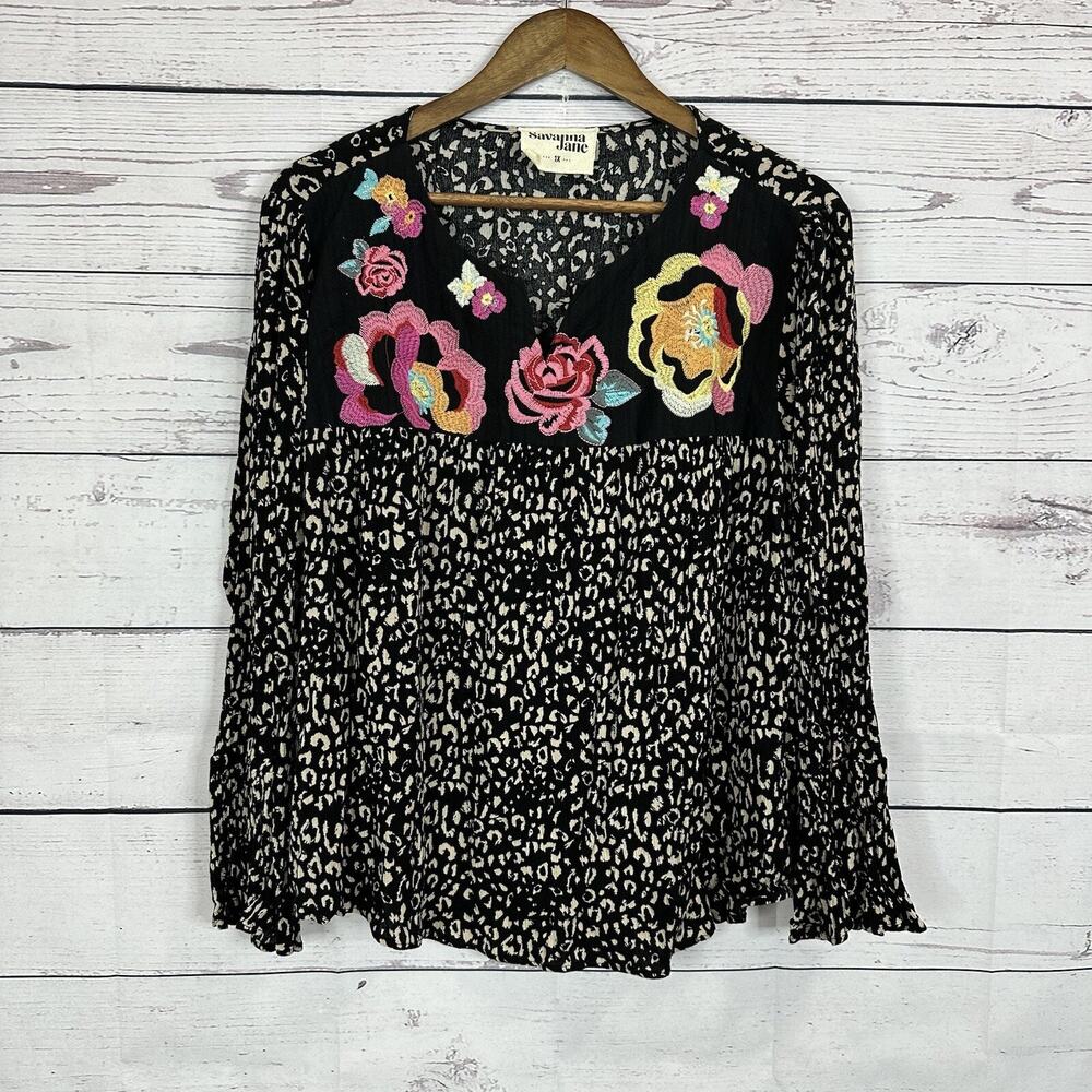 Savanna Jane‎ Tunic Top Womens 1X Black Shirt Embroidered Southwestern floral